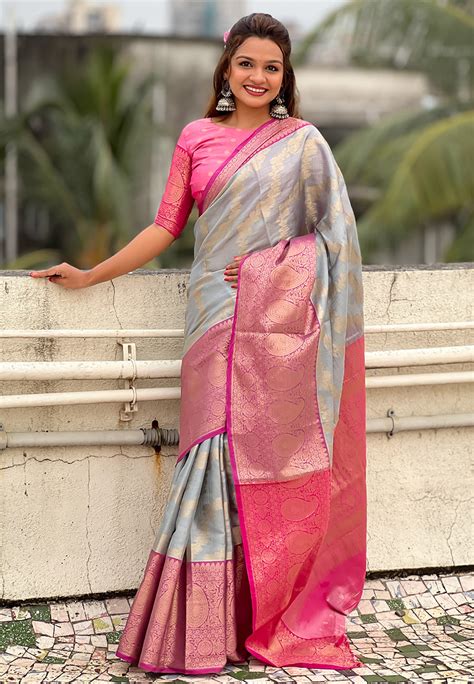 Grey Kanjivaram Soft Tissue Silk Leheriya Traditional Zari Woven Saree ...