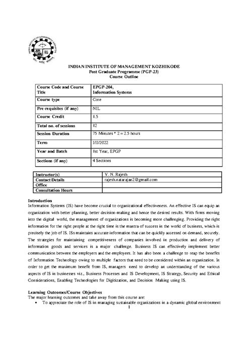 EPGP IS Course Outline - Lecture notes of EPGP - 1 INDIAN INSTITUTE OF ...