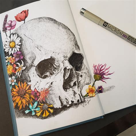 Flowers And Skulls Drawings