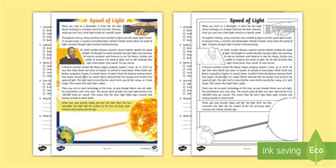 Fourth Grade Speed of Light Reading Comprehension Worksheet