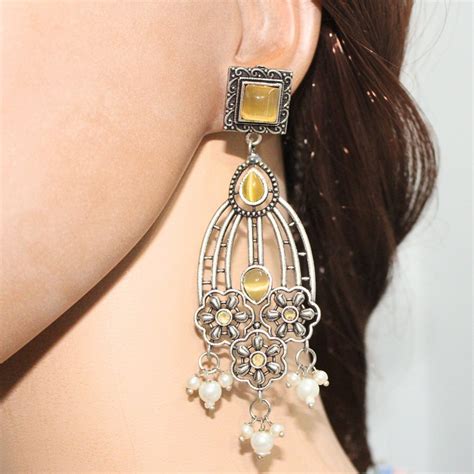 FLOWER TRIPLET DUAL-TONE STONE DANGLER JHUMKA-YELLOW – Navraee By ...