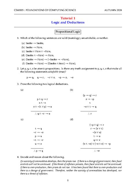 CS60005 - Tutorial 1: Logic and Deductions Questions and Exercises ...
