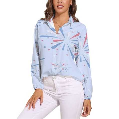 American Flag Blue Red White Long Sleeve Blouse Woman Streetwear Casual ...