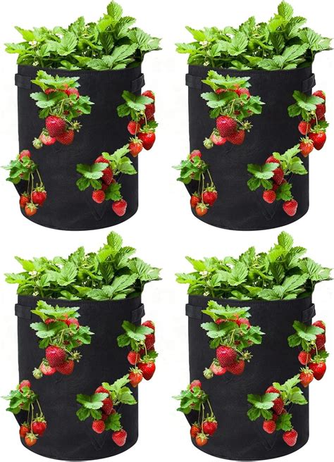 Strawberry Grow Bags, Strawberry Planter 4 Pack 10 Gallon with 8 Side ...