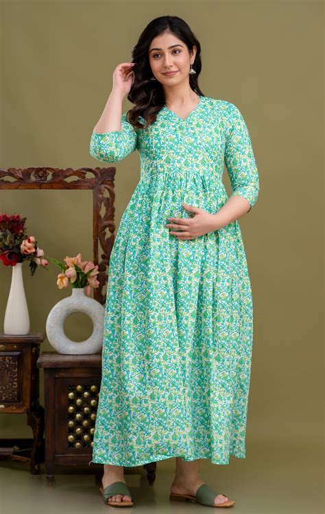 Pure Cotton Maternity Dress With Both-Side Hidden Zip - aqua – momsera.in