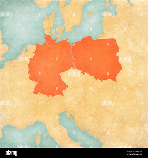 Germany and Poland on the map of Central Europe in soft grunge and ...