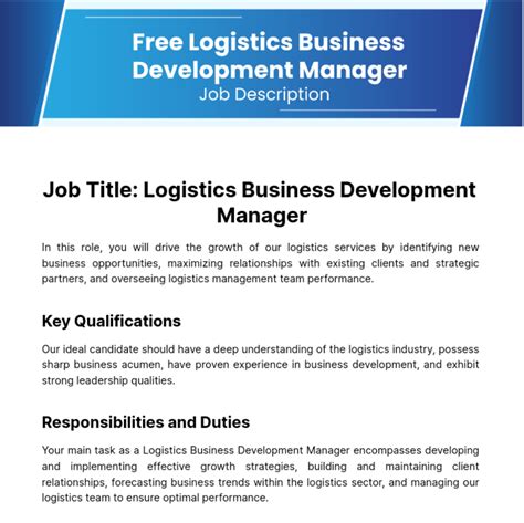 Free Logistics Business Development Manager Job Description Template to Edit Online