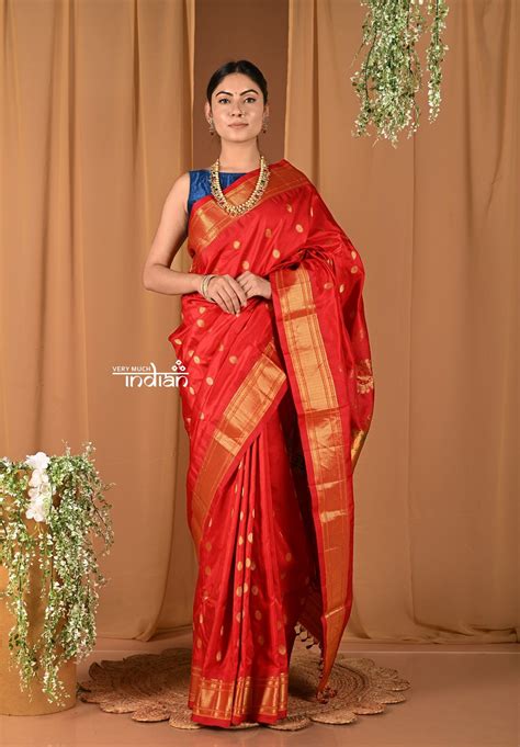 Buy Pehal~ Handloom Pure Silk Maharani Paithani in Flaming Red with ...