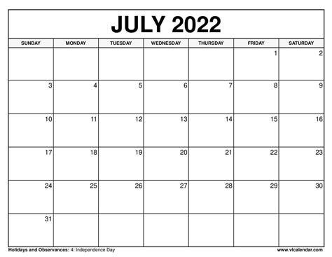 july calendar for 2022