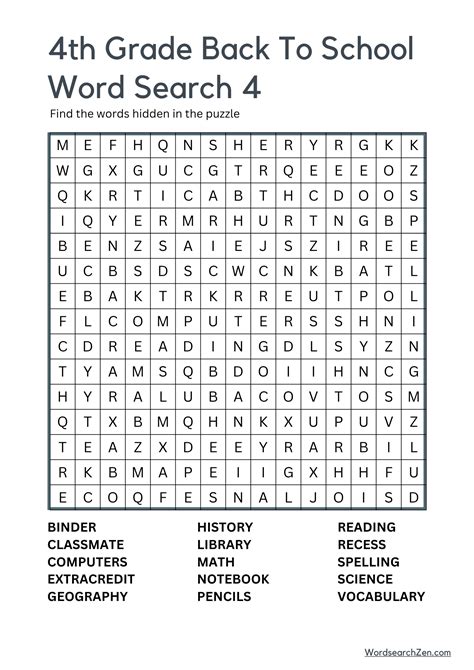 4th Grade Back To School Word Search Free Printable PDF File - WordsearchZen.com