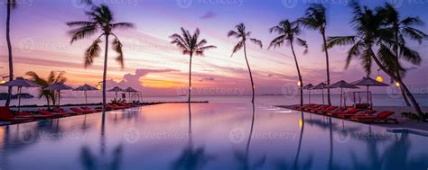 Outdoor luxury sunset over infinity pool swimming summer beachfront ...
