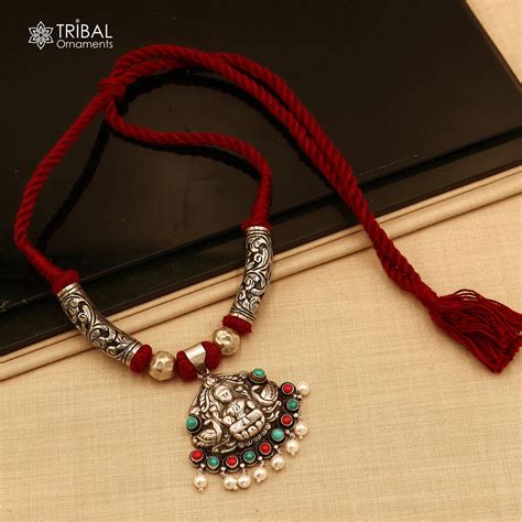 925 sterling silver chitai work Laxmi ji red thread (dori) banjara ...
