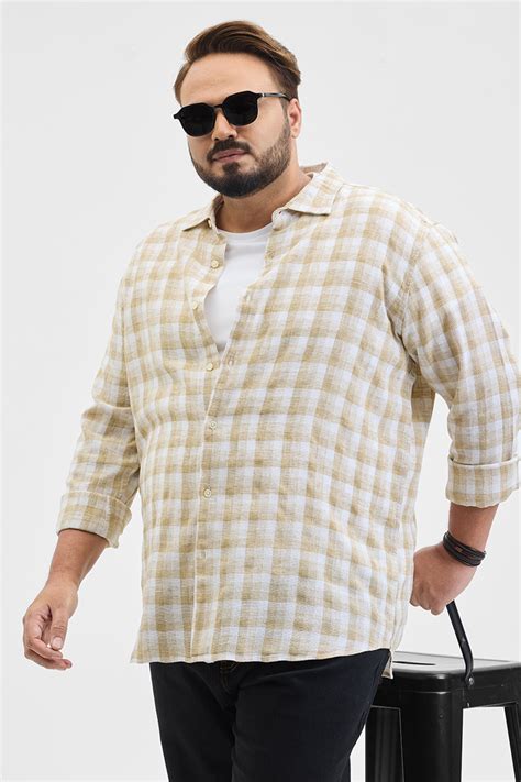 Buy Men's Light Beige Linen Blend Checks Regular Fit Plus Size Shirt ...