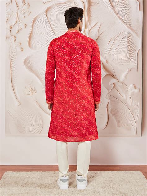 Men's Red And Cream Chinon Kurta And Pyjama Set. – vastramay