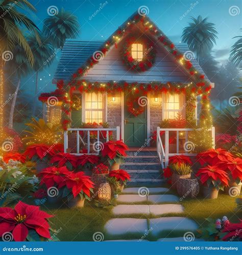 Christmas House with Poinsettia Plants Outside in the Yard. Stock Image ...