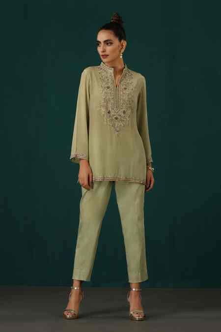 Buy Green Cotton Embroidery Mandarin Collar Placket Kurta With Trouser ...