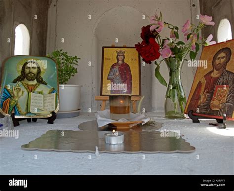 icons pictures of saints in an Greek Orthodox chapel Stock Photo - Alamy