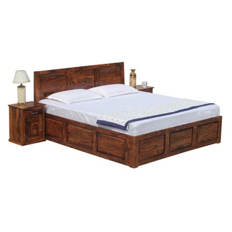 Fasica Solid Wood Double Bed with Two Bed Side with Box Storage in Hon ...