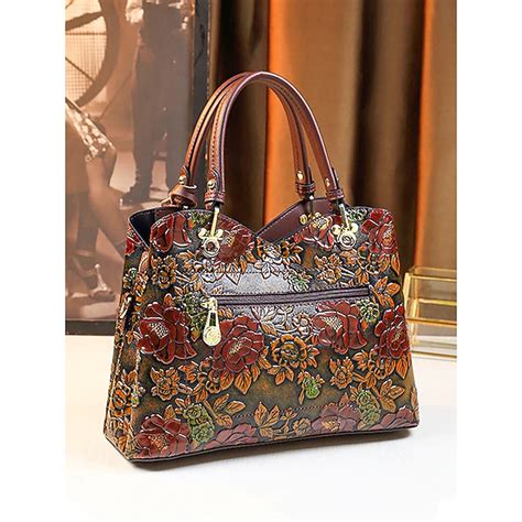 Women's Vintage Faux Leather Handbag with Embossed Floral Design ...