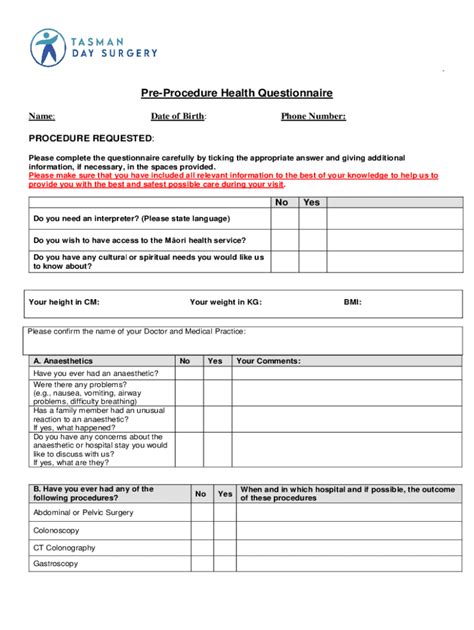Pre-Procedure Health Questionnaire - Blank Fillable Template | Fill Out ...