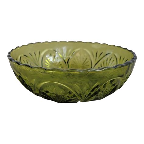 Vintage Green Glass Depression Era Cut Glass Bowl | Chairish