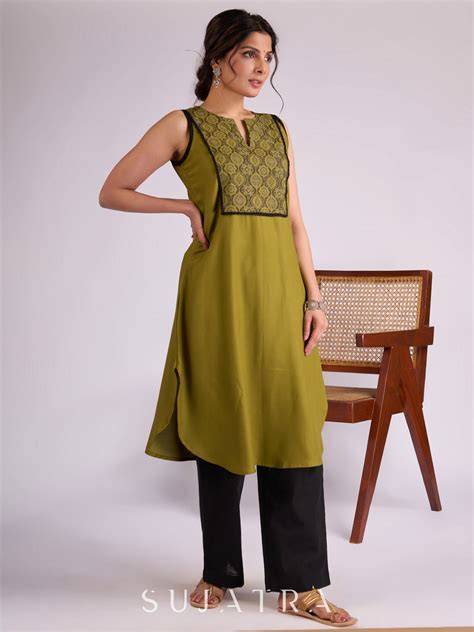 Olive Green Rayon Kurta with Elegant Ajrakh Yoke & Black Piping – Sujatra