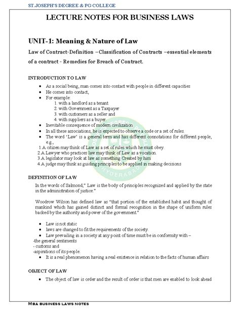 Business Law Unit 1: Lecture Notes on Contracts and Legal Principles ...