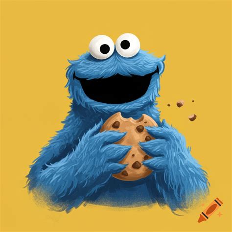 Cookie Monster holds and eats a chocolate chip cookie. on Craiyon