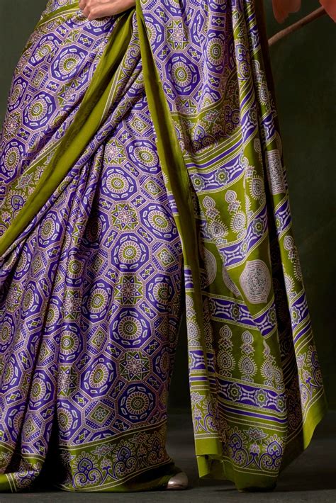 Veronica Purple and Green Ajrakh Printed Satin Crepe Soft Silk Saree ...