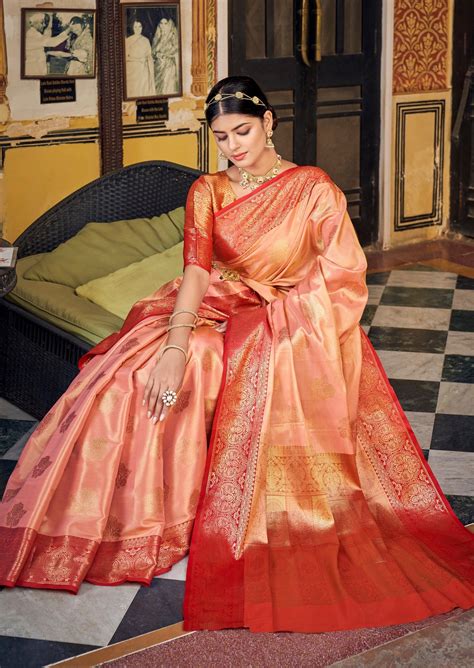 Pure Banarasi Handloom Tissue Silk Peach Saree – Sunasa