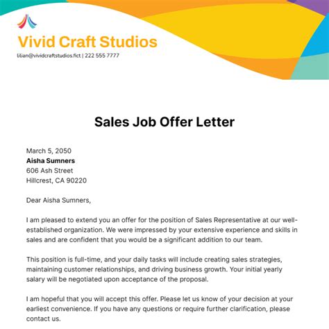 Free Sales Job Offer Letter Template to Edit Online