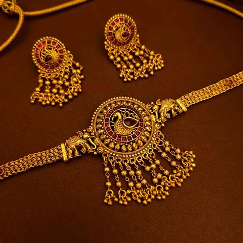 Royal Look Peacock with Elepant Motifs Choker - Ruby – AJ Punnagai