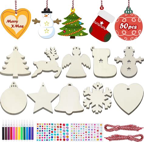 Amazon.com: 50pcs Wooden Christmas Ornaments for Crafts, 10 Shapes ...