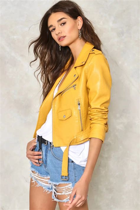 Stylish Streetwear Sheep Leather Yellow Jacket Women
