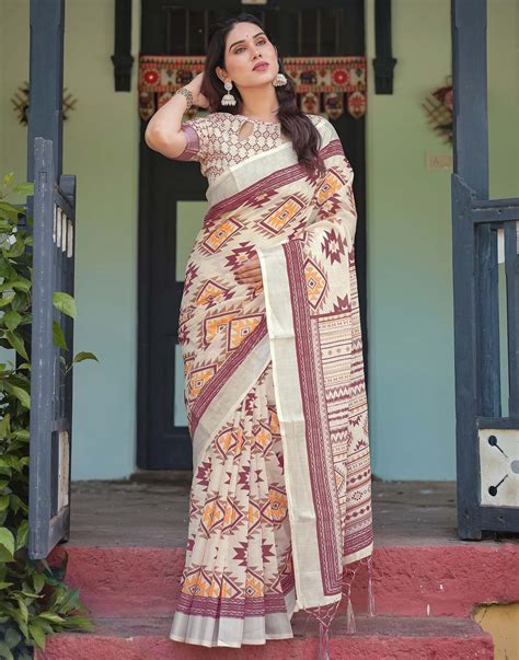 Cream Linen Printed Saree – Sudathi