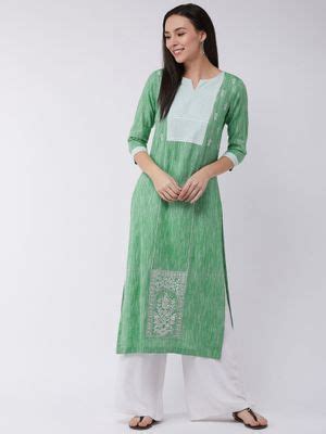 Buy Pannkh Womens Chambray Embroidered Kurta with Contrast Yoke Online