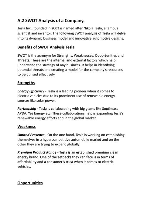 Pis A - A SWOT Analysis of a Company. Tesla Inc., founded in 2003 is ...