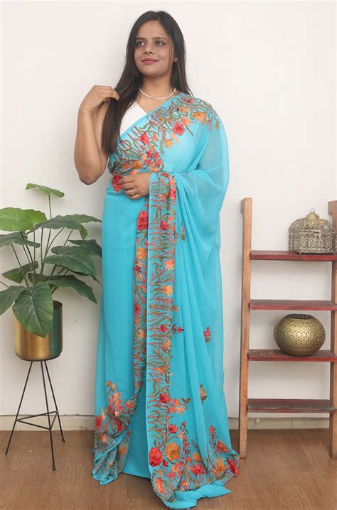 Blue Embroidered Kashmiri Aari Work Georgette Saree - Luxurionworld