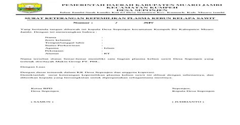 Surat Keterangan Kepemilikan Plasma Kebun Kelapa Sawit