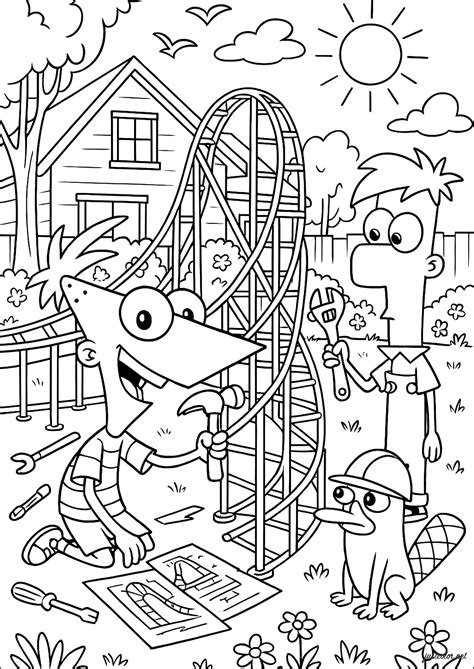 Building a fun roller coaster - Phineas And Ferb Coloring Pages