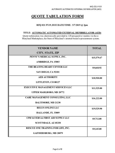 Fillable Online QUOTE TABULATION FORM RFQ 030/FY19, DUE DATE/TIME ...