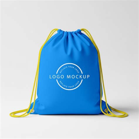 Blue drawstring bag mockup with yellow cords | Premium PSD