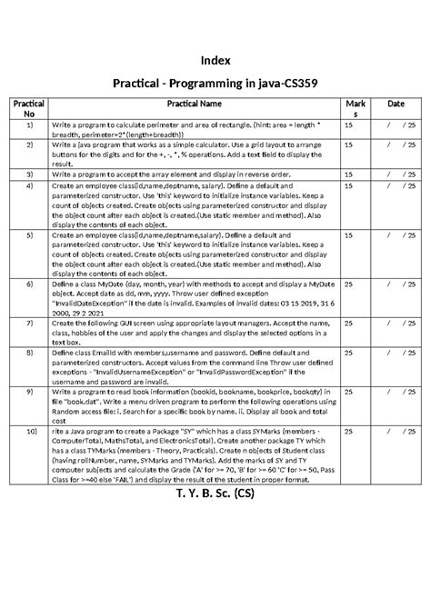 TY BSc (CA) Java Practical Index: Programs & Class Definitions - Studocu