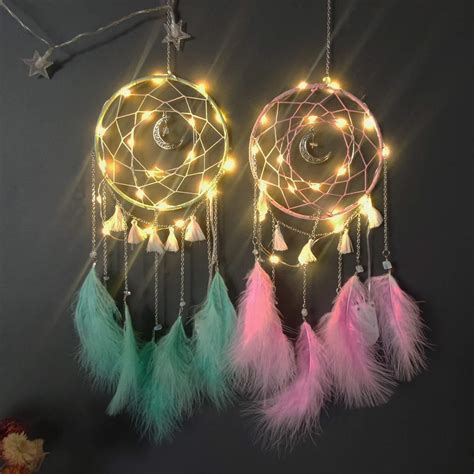 Dream Catcher with LED Lights Handmade Feather Moon Dreamcatcher Wall ...