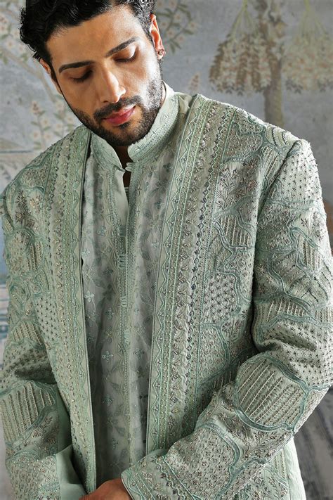 Ice Blue Royal Meadow Embroidered Sherwani Set – Asuka Couture