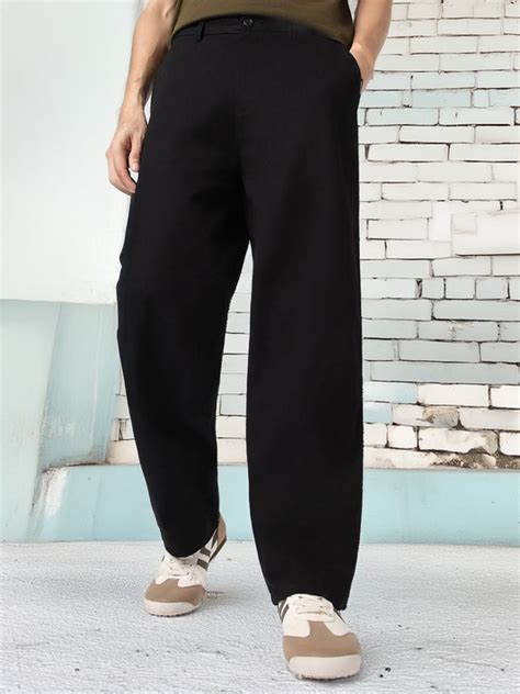 Men's Black Loose Baggy Fit Solid Chino Trousers Non-Stretchable ...