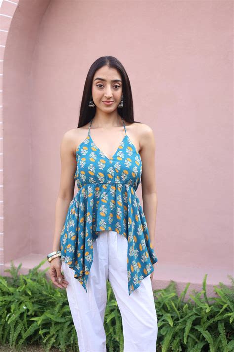 Sea Green Floral Cotton V-Neck Top For Women