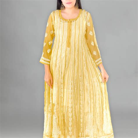 Seva Chikan Hand Embroidered Yellow Georgette Lucknowi Chikankari Anar