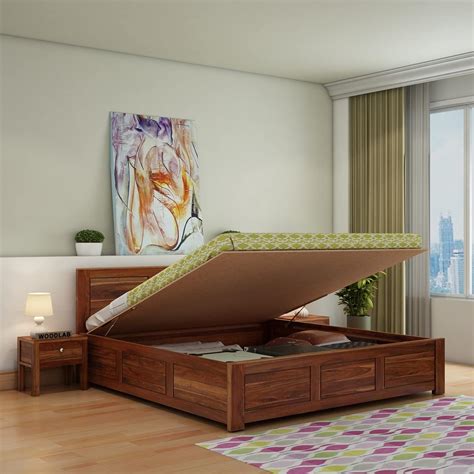 WOODLAB Sheesham Wood King Size Bed With Hydraulic Storage