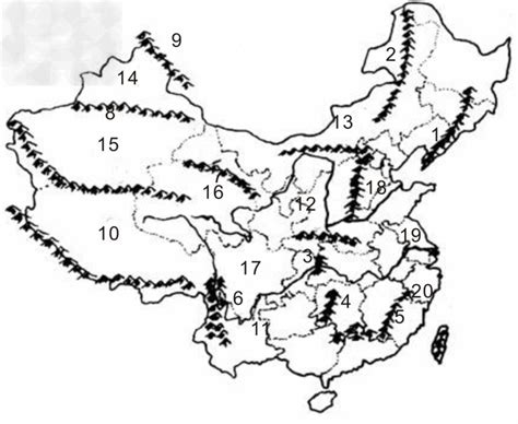 读“中国地形图”，填空：（1）山脉：1_________2_________3_________4_________5_________6 ...